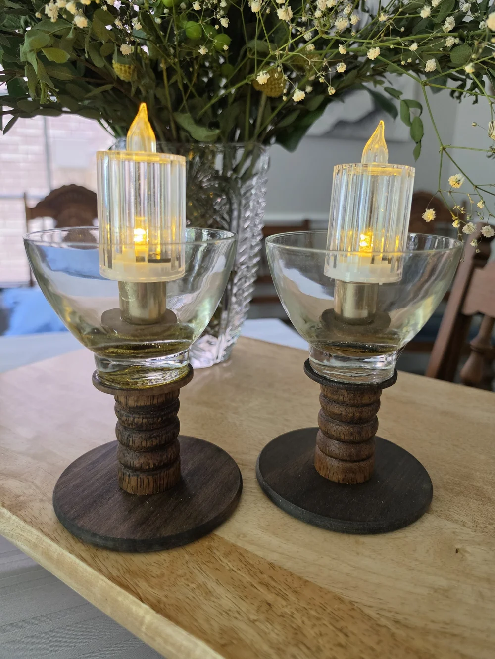 VNTG Swedish MCM candlestick holders Turned wood Glass bobeches Brass inserts